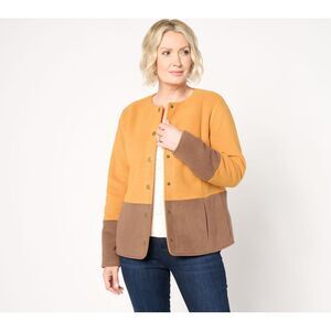 Susan Graver Women's Jacket Sz L Color Block Fleece Snap Front Brown A658676